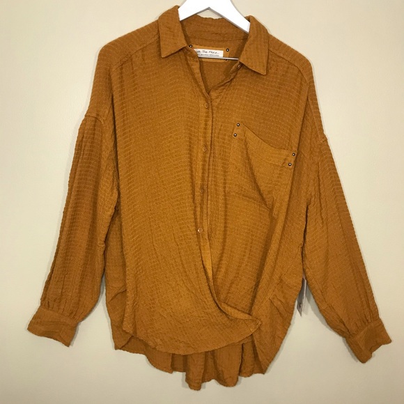 NEW Free People Tunic Blouson Wrap Oversized Button Up Top Gold Long Sleeve Sz S - Picture 3 of 16